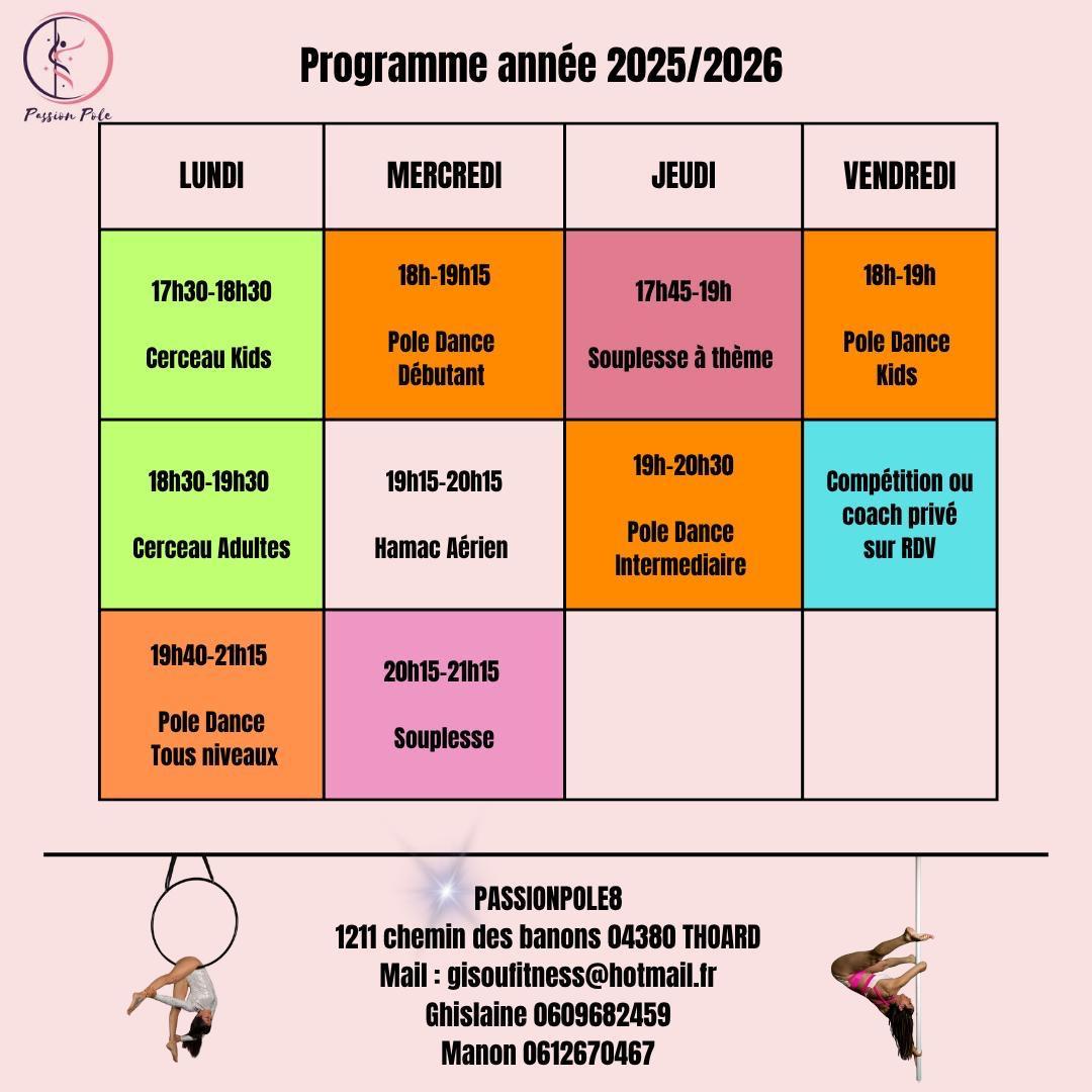 Programme de cours pour l'année 2025/2026 incluant des sessions de cerceau et de pole dance, avec des horaires détaillés pour chaque jour de la semaine.